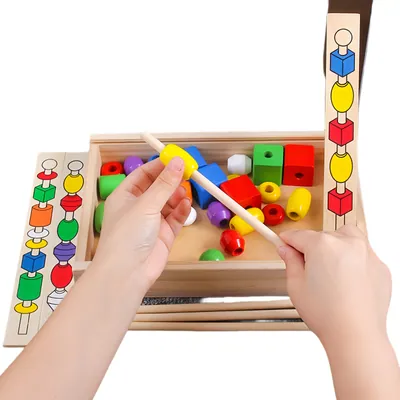 Wooden Geometric Shape Building Blocks Cognitive Toy String Wooden String String Game Children view 3