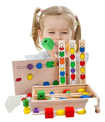 Wooden Geometric Shape Building Blocks Cognitive Toy String Wooden String String Game Children view 2
