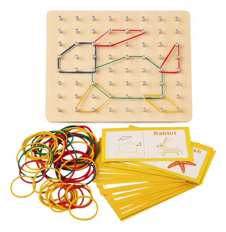 Montessori Toys Kids Wooden Nail Plate Board Geoboard Mathematical Manipulative Pattern Cards — wooden math & teaching aids wholesale