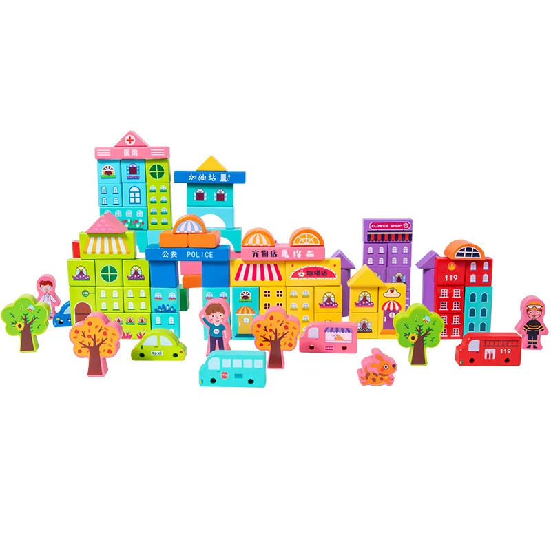 Hy Toys Block Assembly Puzzle 100 Pieces Urban Traffic Building Blocks Large Particle Wood — wooden building blocks & construction wholesale