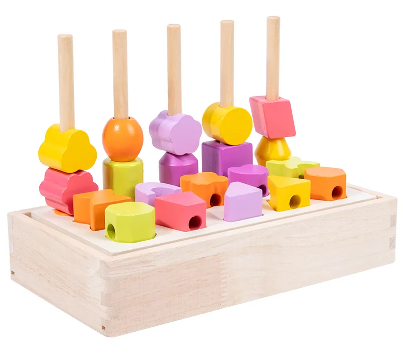 Children Geometry Shape Cognition Game Early Educational Column Blocks Wooden Toys For Kids — wooden building blocks & construction wholesale