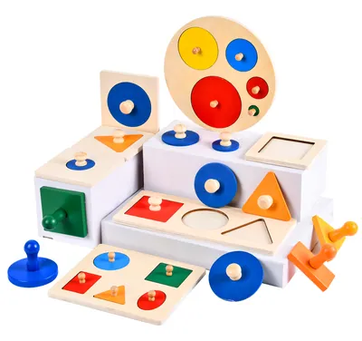 Children Wooden Montessori Jigsaw Wood Knob Puzzle Board Toys Geometric Shapes Color Cognitive view 2