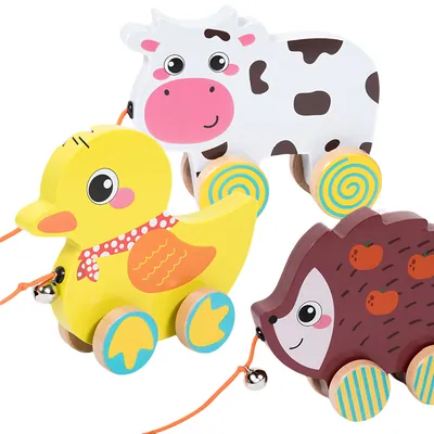 Early Learning Wooden Animal Cognition Toy for Kids Educational Trailer Walker Cart Bell view 4