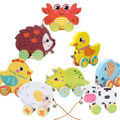 Early Learning Wooden Animal Cognition Toy for Kids Educational Trailer Walker Cart Bell view 3