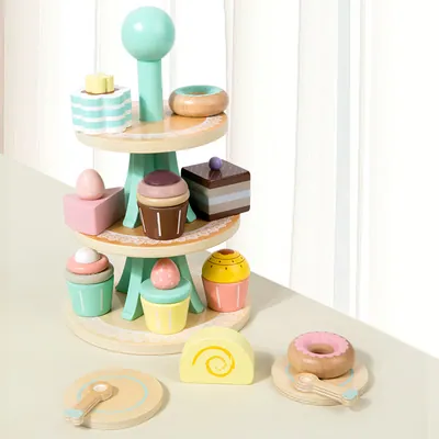 Unisex Wooden Dessert Stand Afternoon Tea Scene Kitchen & Food Toy Set Made from Durable Wood — wooden pretend play & role play wholesale