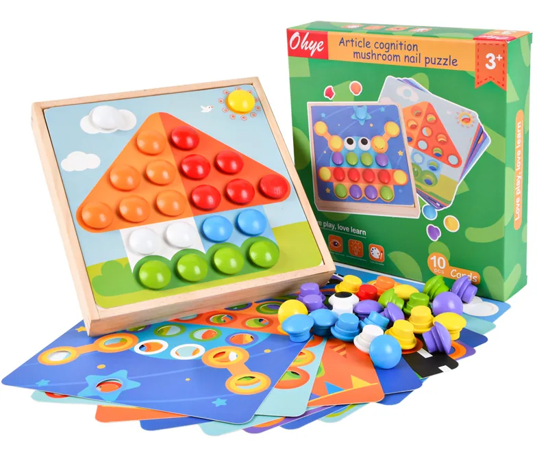 Educational Creative Wooden Jigsaw Puzzles Mosaic Puzzle For Children DIY Mushroom Nail Pegged — wooden puzzles & tangrams wholesale