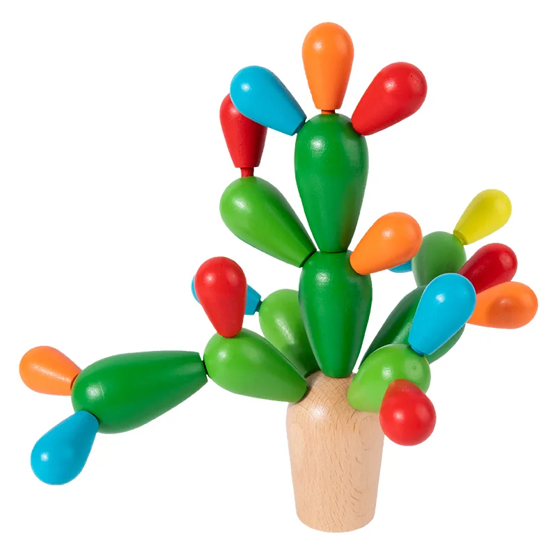 Educational DIY Assembling Game Wooden Stacking Rainbow Blocks Cactus Balance Puzzle Kids' Toy — wooden building blocks & construction wholesale