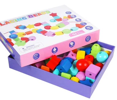 42pcs Unisex Montessori Wooden Lacing Beads Primary String Threading Toy with Rainbow view 4