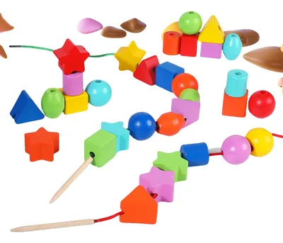 42pcs Unisex Montessori Wooden Lacing Beads Primary String Threading Toy with Rainbow view 3