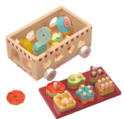 Children's Educational Wooden Drag Toy Building Block Car 18-Hole S Animal Cognition — wooden building blocks & construction wholesale
