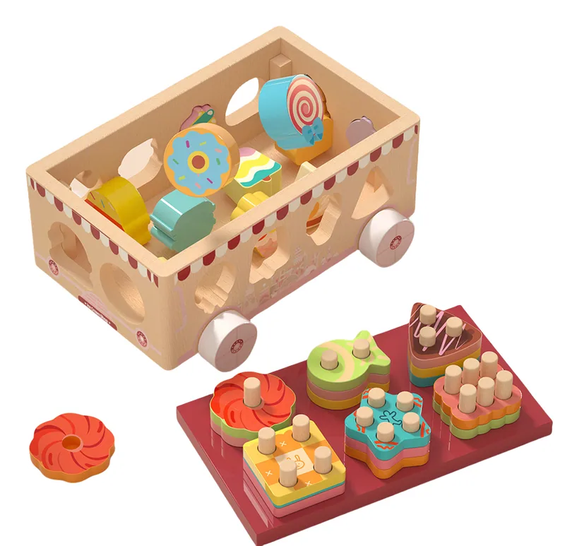 Children's Educational Wooden Drag Toy Building Block Car 18-Hole S Animal Cognition — wooden building blocks & construction wholesale