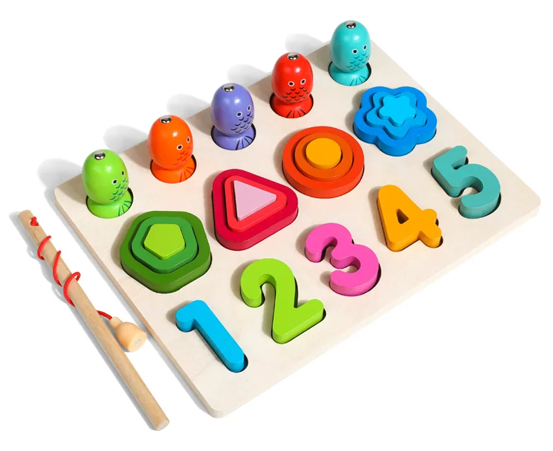 Wooden 3d Children's Early Toys Color Gradient Fishing 3-in-1 Puzzle Geometry Cognition — wooden puzzles & tangrams wholesale