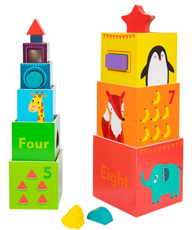 Rainbow Animal Tower Macaron Building Blocks Game Wooden Toys For Kids — wooden building blocks & construction wholesale