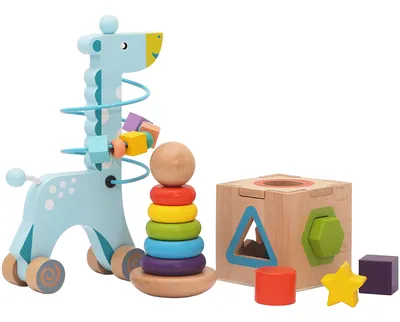 Montessori Children's Wooden Educational Set Includes Beads & Giraffe Shape Matching Box view 3
