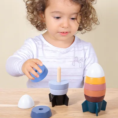 Montessori Teaching Aids Space Rocket Wood Column Stacking Blocks Toy Color Shape Cognitive — wooden building blocks & construction wholesale