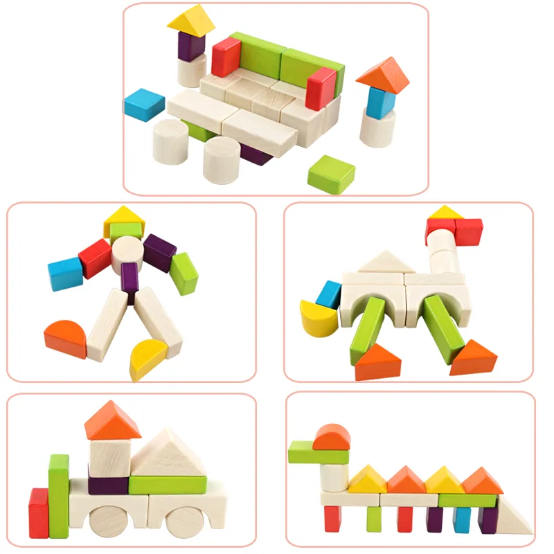 Beech Children 30 Wooden Box Colored Building Blocks Practice Hands-on Skills Colored Building — wooden building blocks & construction wholesale