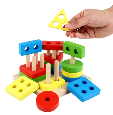 Factory Wooden Stacking Block Puzzle Board DIY Color Geometric Shape Sorter Matching Games — wooden building blocks & construction wholesale