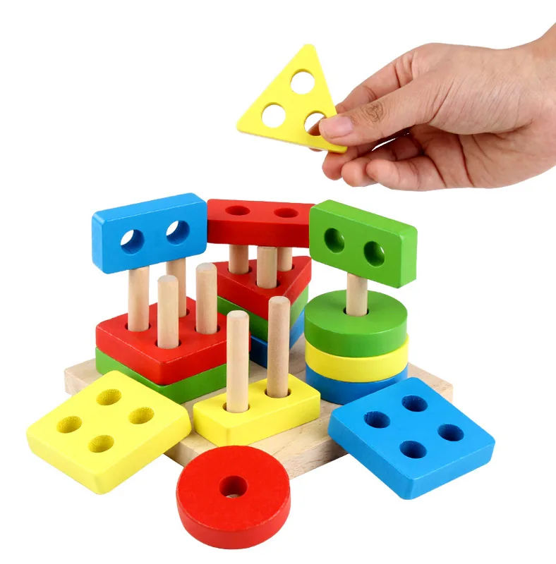 Factory Wooden Stacking Block Puzzle Board DIY Color Geometric Shape Sorter Matching Games — wooden building blocks & construction wholesale