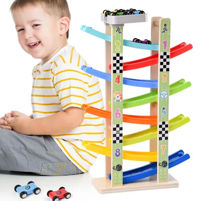 Unisex Montessori Early Educational Gliding Race Track Car Ramp Racer Toy 8 Rails Wooden — wooden vehicles, tracks & ramps wholesale