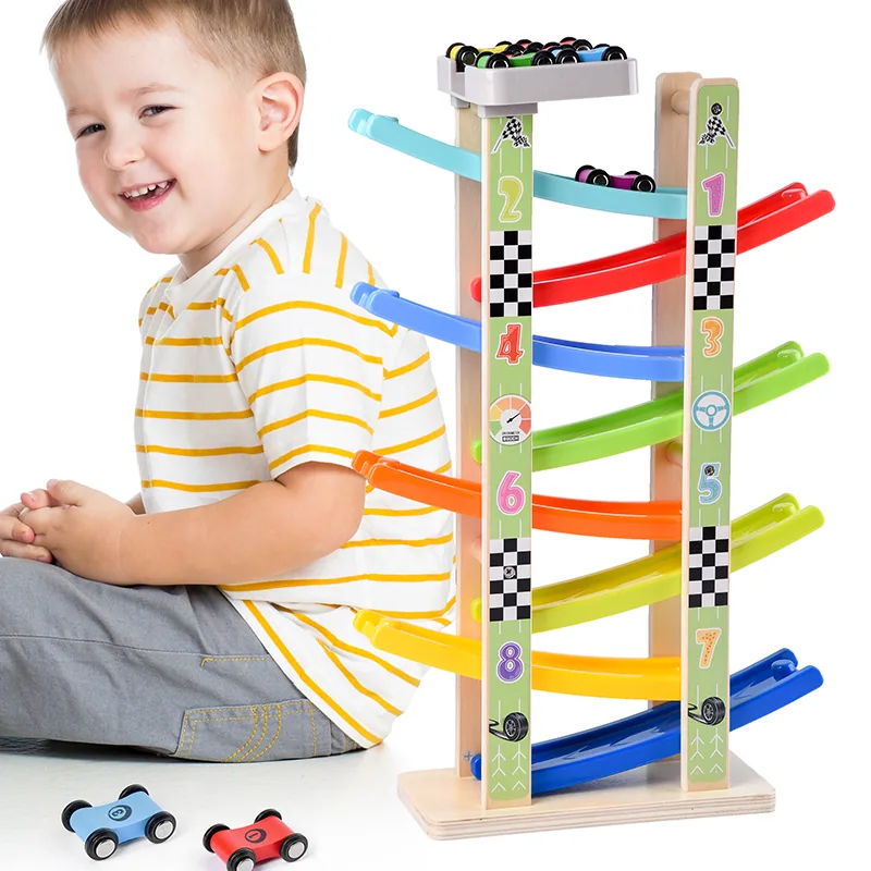 Unisex Montessori Early Educational Gliding Race Track Car Ramp Racer Toy 8 Rails Wooden — wooden vehicles, tracks & ramps wholesale
