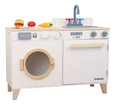 Noble White Wooden Kitchen Toy Set Unisex Pretend Play House with Washing Machine Child Wood — wooden pretend play & role play wholesale