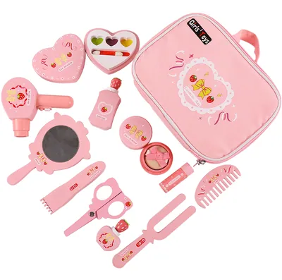12pcs Pink Children's Pretend Play Simulation Makeup Set Wooden Cosmetic Bag and Make Up Toy — wooden pretend play & role play wholesale