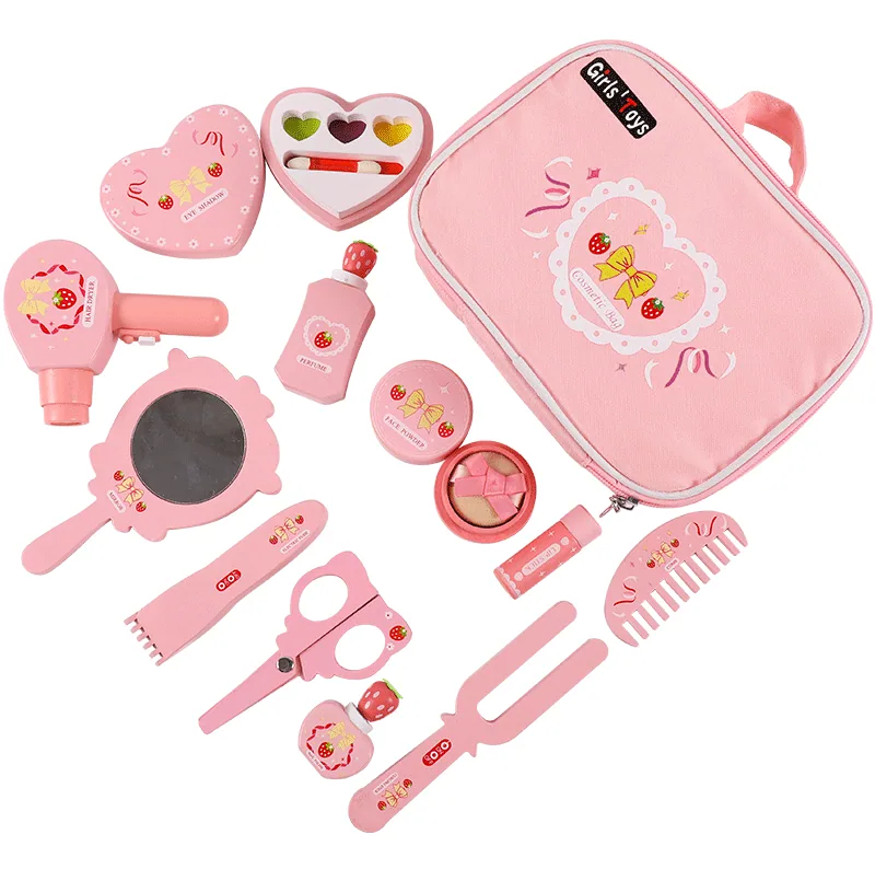 12pcs Pink Children's Pretend Play Simulation Makeup Set Wooden Cosmetic Bag and Make Up Toy — wooden pretend play & role play wholesale