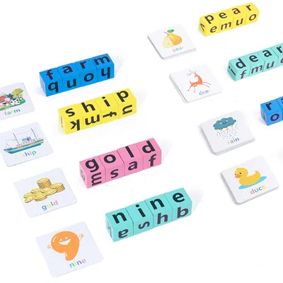 Natural Spelling Word Game DIY Toy Age 5-7 Years Vowel Letters Cognitive Rotating Building — wooden building blocks & construction wholesale