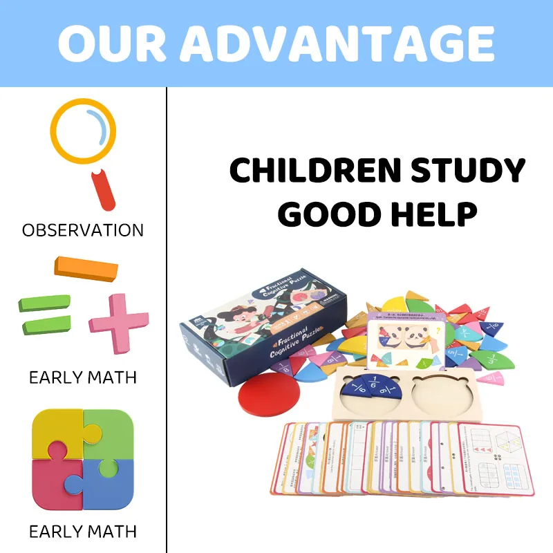 Montessori Learning Puzzle Toys Wooden Fraction Mathematics Card Games for Toddlers Kids Early — wooden math & teaching aids wholesale