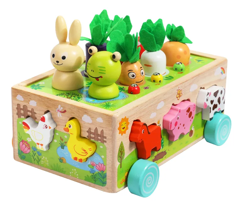 Happy Farm Kids Wooden Early Education Animal Shape Sorter Blocks Car Carrot Harvest Game — wooden vehicles, tracks & ramps wholesale