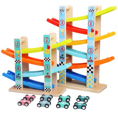 Unisex Wooden Race Track Car Ramp 4-Rail Slide Model Multi-Layer Glider for Kids Aged 2 to 7 — wooden vehicles, tracks & ramps wholesale