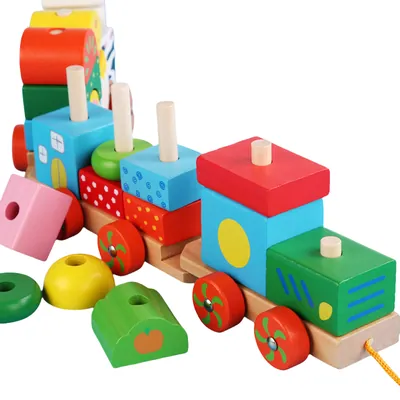Classic Wooden Farm Animal Train Set Funny Early Learning Educational Building Blocks view 6