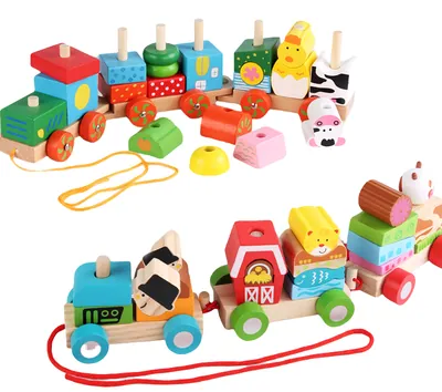 Classic Wooden Farm Animal Train Set Funny Early Learning Educational Building Blocks view 5