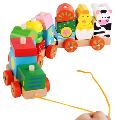 Classic Wooden Farm Animal Train Set Funny Early Learning Educational Building Blocks view 4