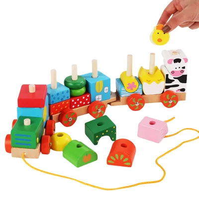 Classic Wooden Farm Animal Train Set Funny Early Learning Educational Building Blocks view 3