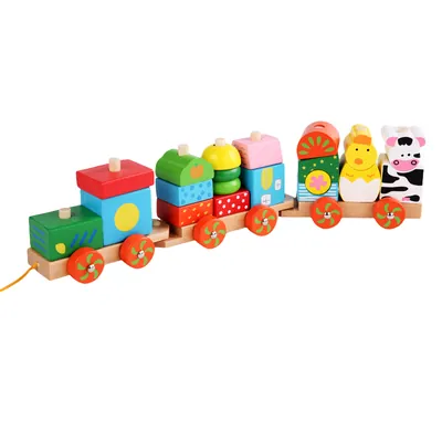 Classic Wooden Farm Animal Train Set Funny Early Learning Educational Building Blocks view 2