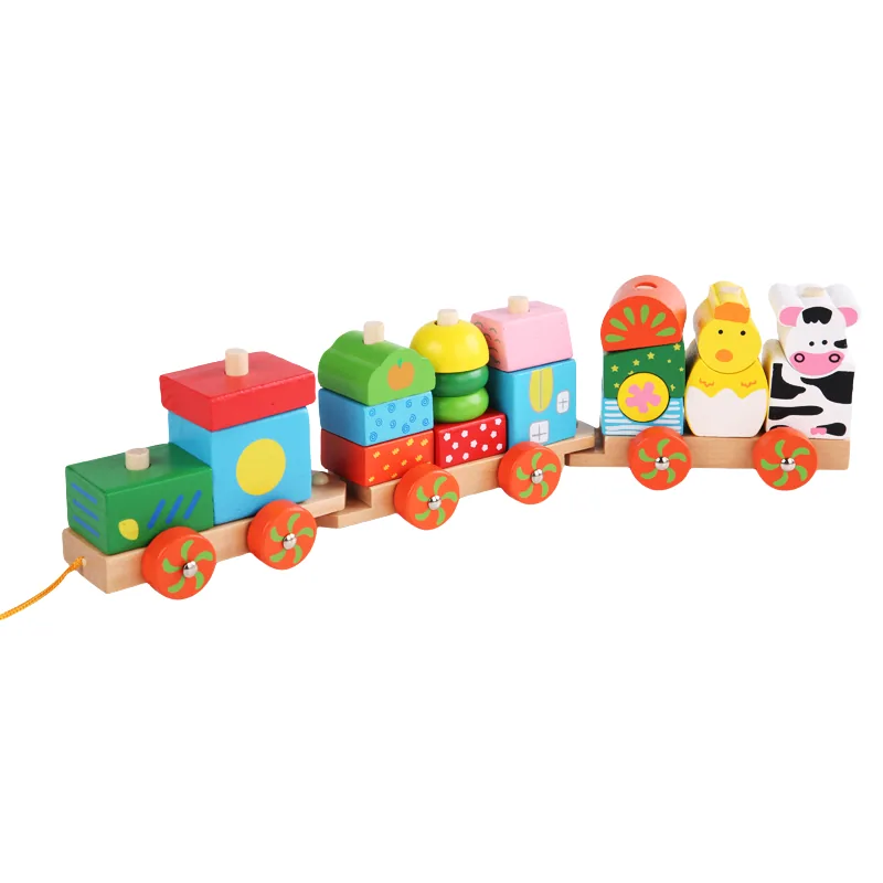 Classic Wooden Farm Animal Train Set Funny Early Learning Educational Building Blocks — wooden building blocks & construction wholesale