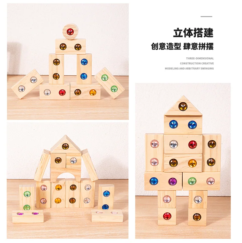 Wooden Toys Shimmering Stone Crystal Gemstone Wooden Stacked Toys Creative Acrylic Rainbow — wooden building blocks & construction wholesale