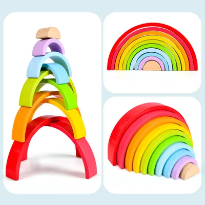Wooden Rainbow Stacking Building Blocks Wooden Toys Kids Creative Rainbow Stacker Montessori view 2
