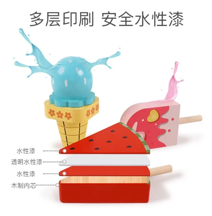 Fun Montessori Wooden Kitchen Toy Set Educational Ice Cream Vehicle & Pretend Play Cutting — wooden pretend play & role play wholesale