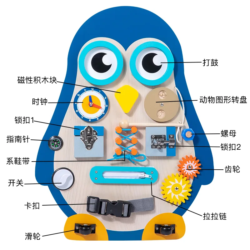 Multi-Functional Penguin Busy Board Toy for Kids Montessori Life Skill Wooden Busy Board — wooden sensory & busy boards wholesale