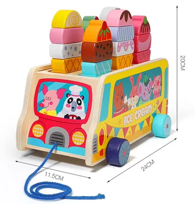 Children's Educational Wooden Toys Kids Drag Ice Cream Truck Shape And Color Recognition view 2