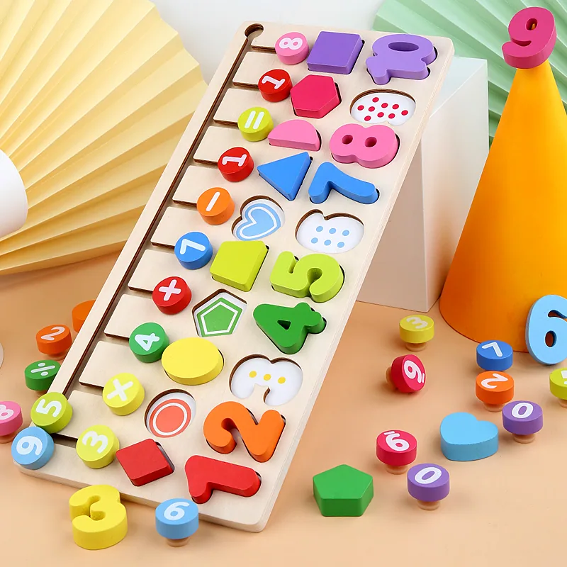 Montessori Board Shape Color Number Counting Educational Learning Toy Wooden Jigsaw Puzzle — wooden puzzles & tangrams wholesale