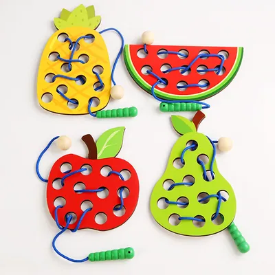 Wooden Threading Toy Caterpillar Eating Fruit Theme Early Education Hand-eye Coordination — wooden bead mazes & fine motor wholesale