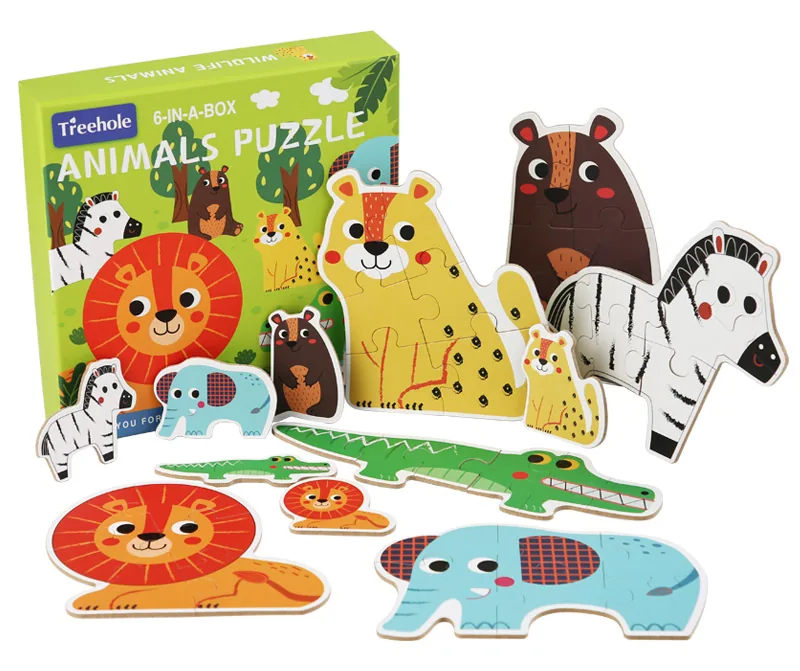 Children Cartoon Wooden Farm Traffic Forest Marine Animal Cognitive Six-in-one Jigsaw Puzzle — wooden puzzles & tangrams wholesale