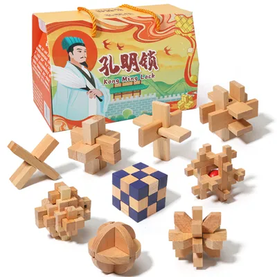 6 in 1 Chinese Traditional 3d Wooden Puzzle Kit Unique Kongming Luban Lock Brain Teaser Wood view 5