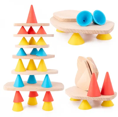 Wooden Triangle Cone Stacking Blocks Kids Balance Hand Eye Coordination Set Preschool Early view 3