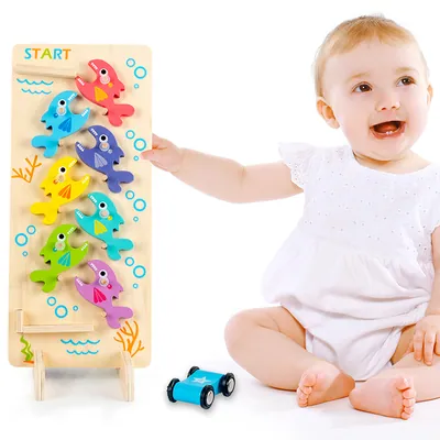 Double Sided Educational Racing Ramp Unisex Wooden Block Set with Mini Cars and Fish Rolling view 2