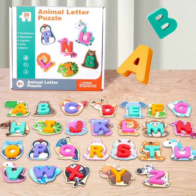 Unisex 26 Letter Animal Pairing Wooden Puzzle Early Childhood Toys 2 4 Years Old Kids Learning — wooden puzzles & tangrams wholesale