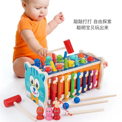 Unisex Multi-Functional Whack-a-Mole Wooden Pull Cart Percussion Table Children's Hand-Eye view 2